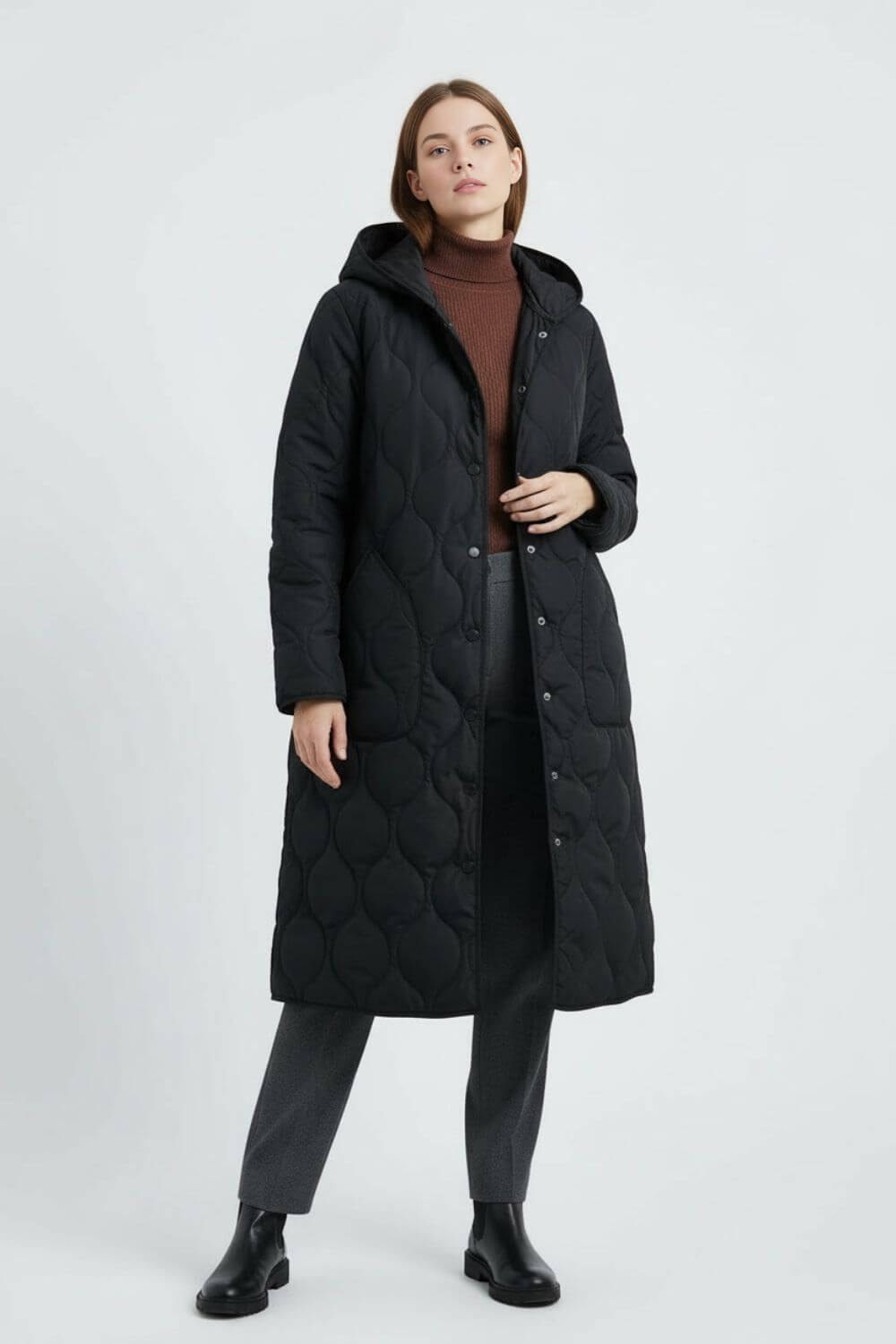 Women’s Black Long Quilted Puffer Coat Refined Warmth in Classic Form