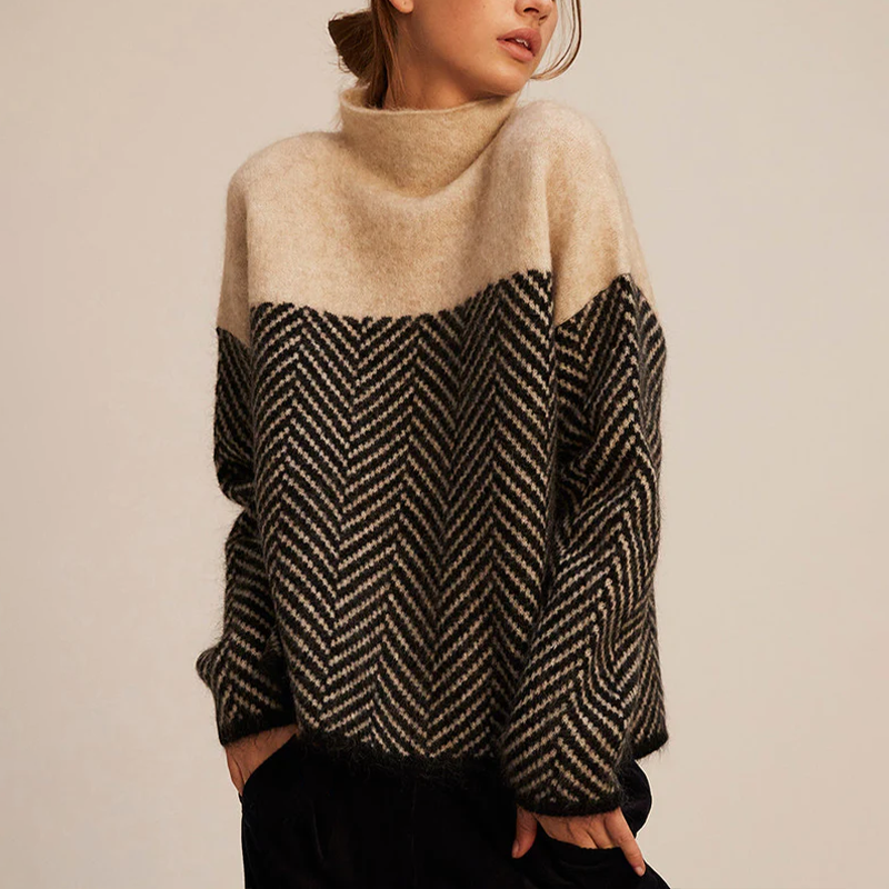 Arla Turtleneck Sweater for Women – Warm Cashmere Sweater with Loose Fit and Trendy Chevron Pattern