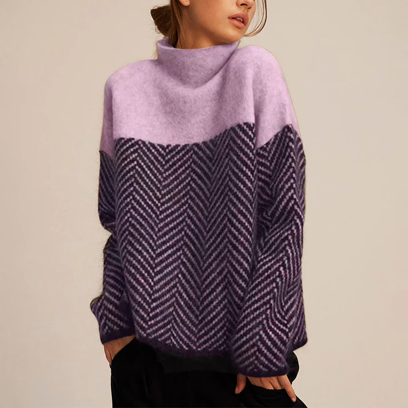 Arla Turtleneck Sweater for Women – Warm Cashmere Sweater with Loose Fit and Trendy Chevron Pattern