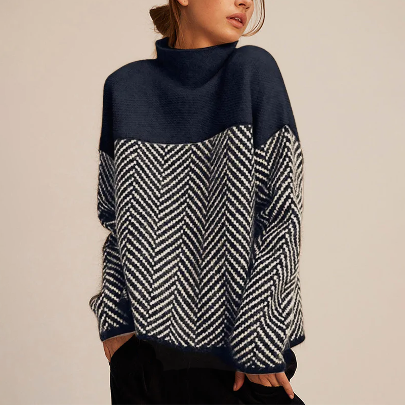 Arla Turtleneck Sweater for Women – Warm Cashmere Sweater with Loose Fit and Trendy Chevron Pattern